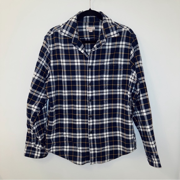 Merona Navy Blue Plaid Flannel Shirt With Pocket Men's Medium 100% Cotton - Picture 1 of 5